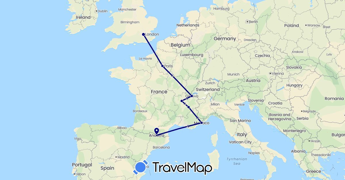 TravelMap itinerary: driving in Andorra, Switzerland, France, United Kingdom, Monaco (Europe)